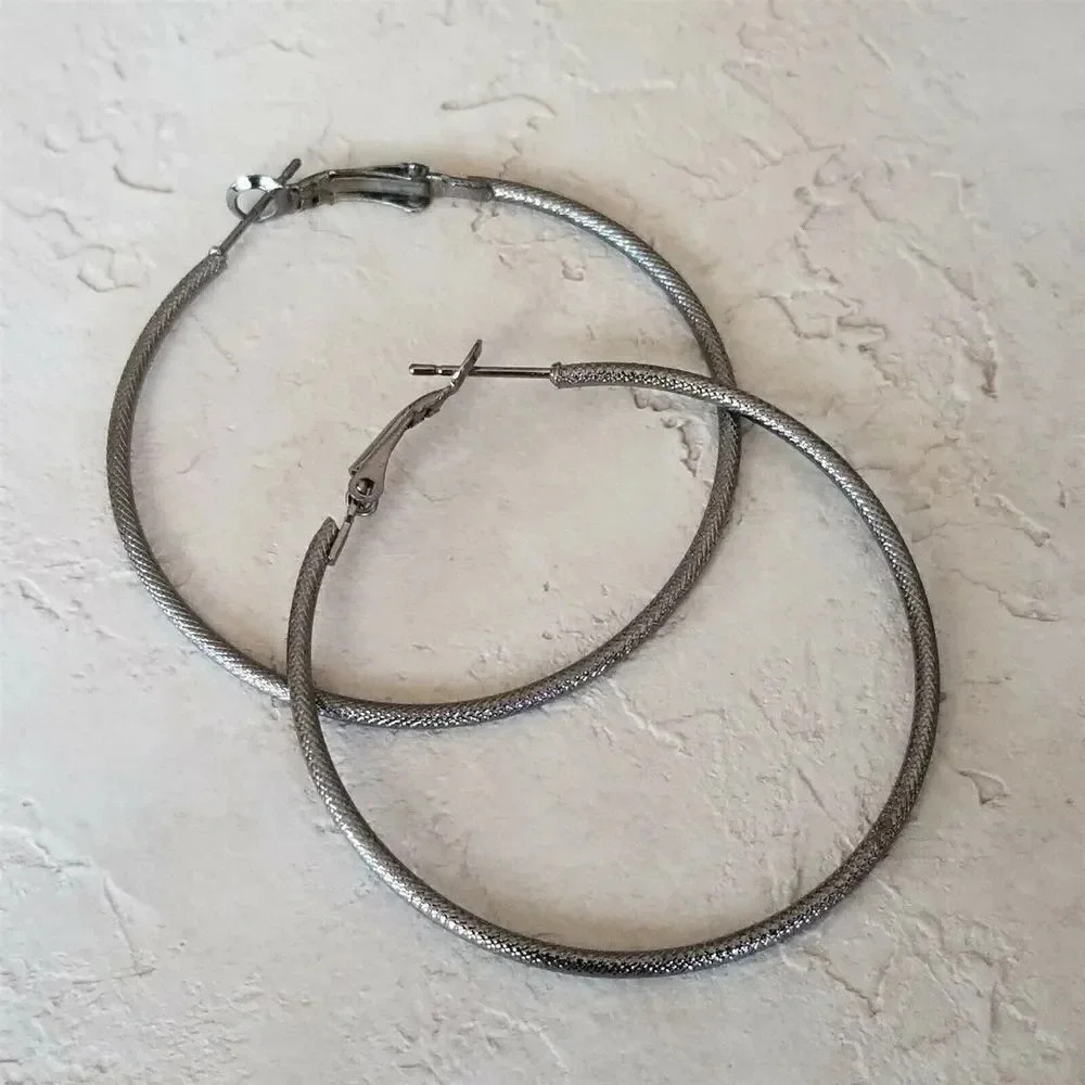 Classic Minimalist Style Etched Gunmetal Gray Hoop Earrings 53mm 2.1"
